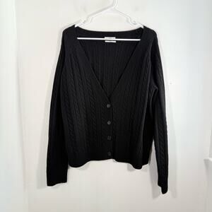 CO Essentials Black 100% Cashmere Cable Knit Button Sweater Cardigan Medium